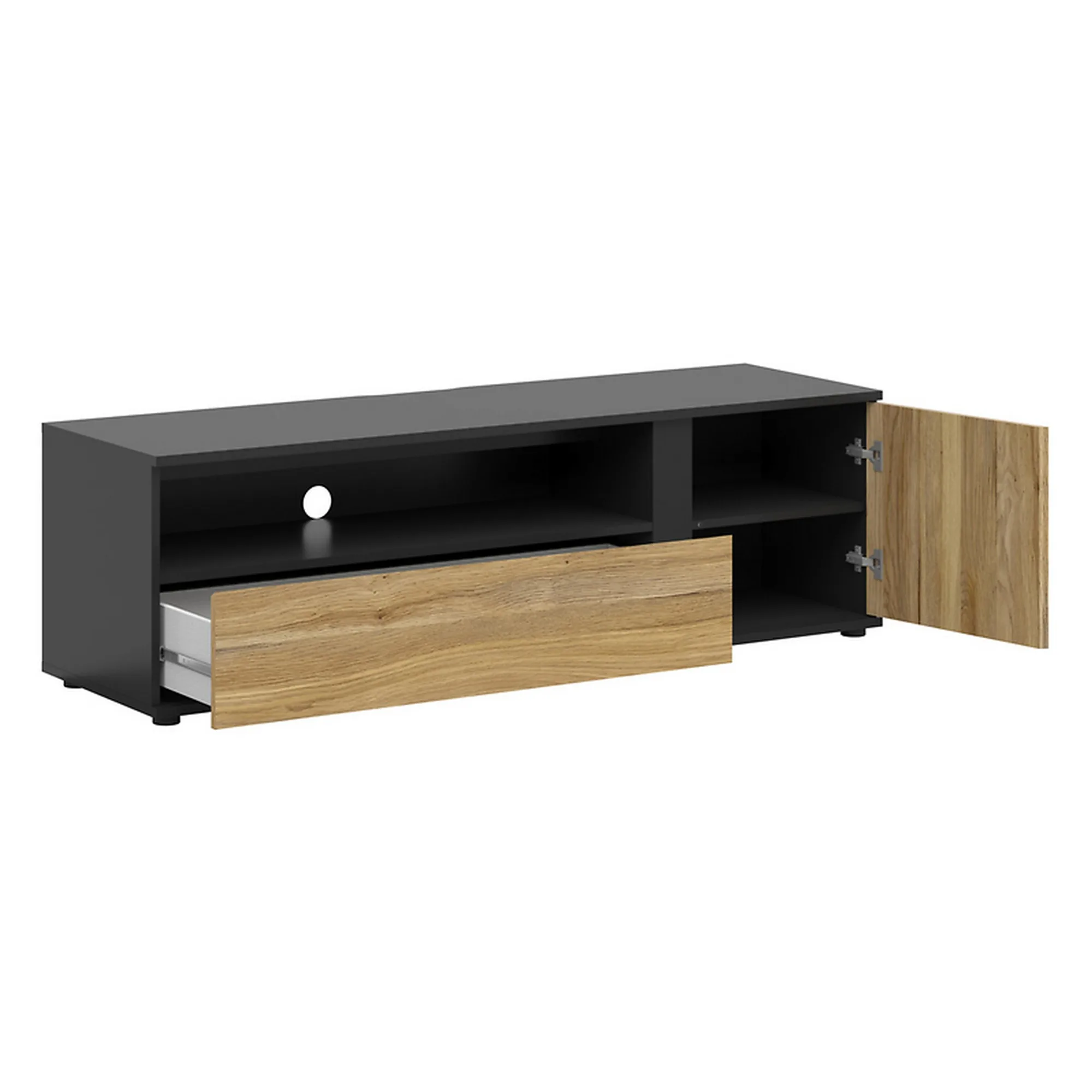 Comoda TV LUEN, stejar/negru, PAL laminat, 155x46x47 cm - Image 4