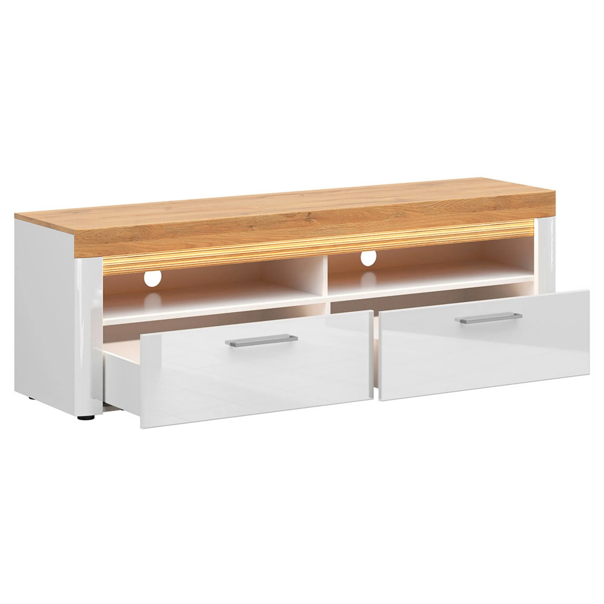 Comoda TV HORTON, alb/stejar grandson, PAL laminat, cu iluminare LED, 167x42x54 cm - Image 3