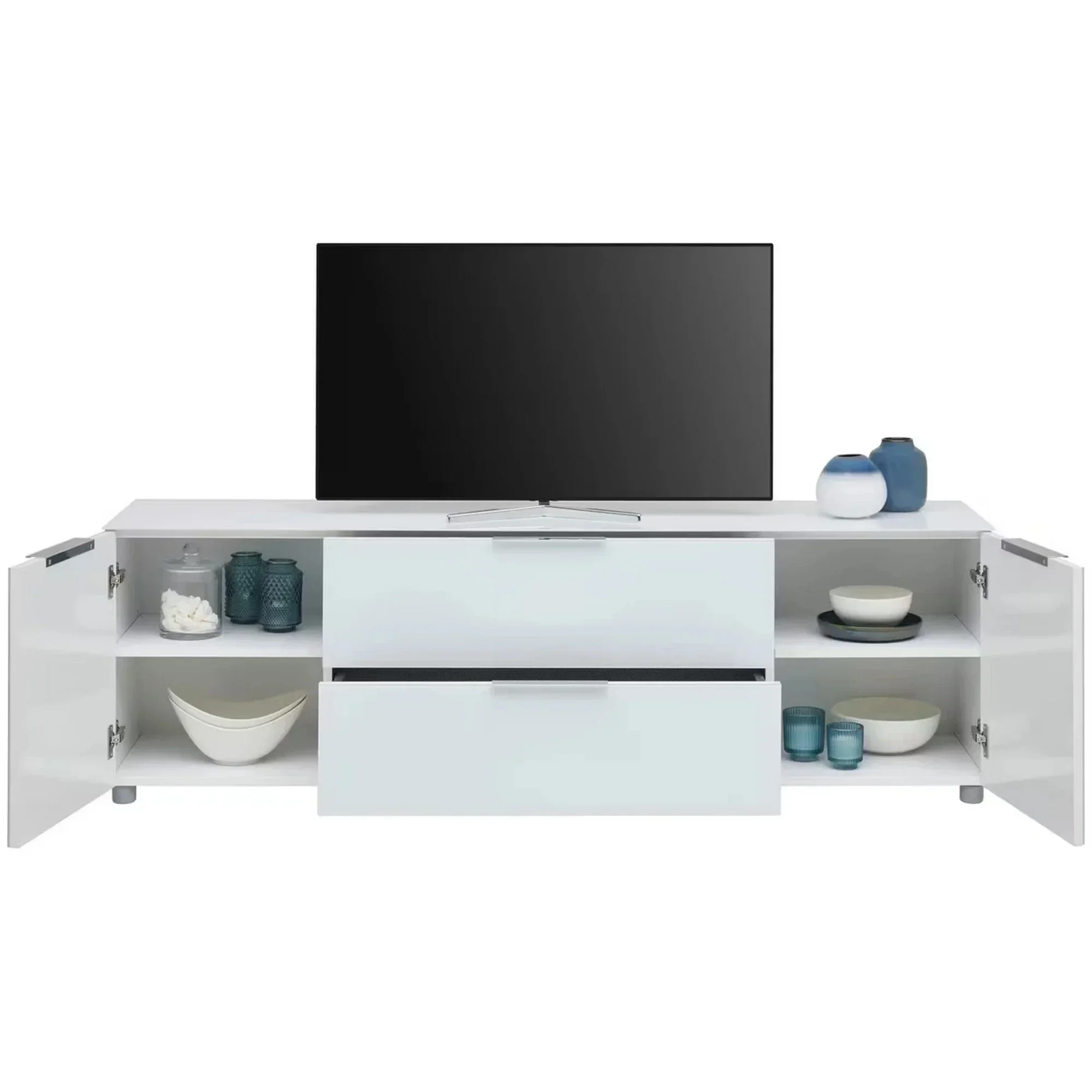 Comoda TV MALIN, alb/alb lucios, PAL/sticla, 180x40x54 cm - Image 3