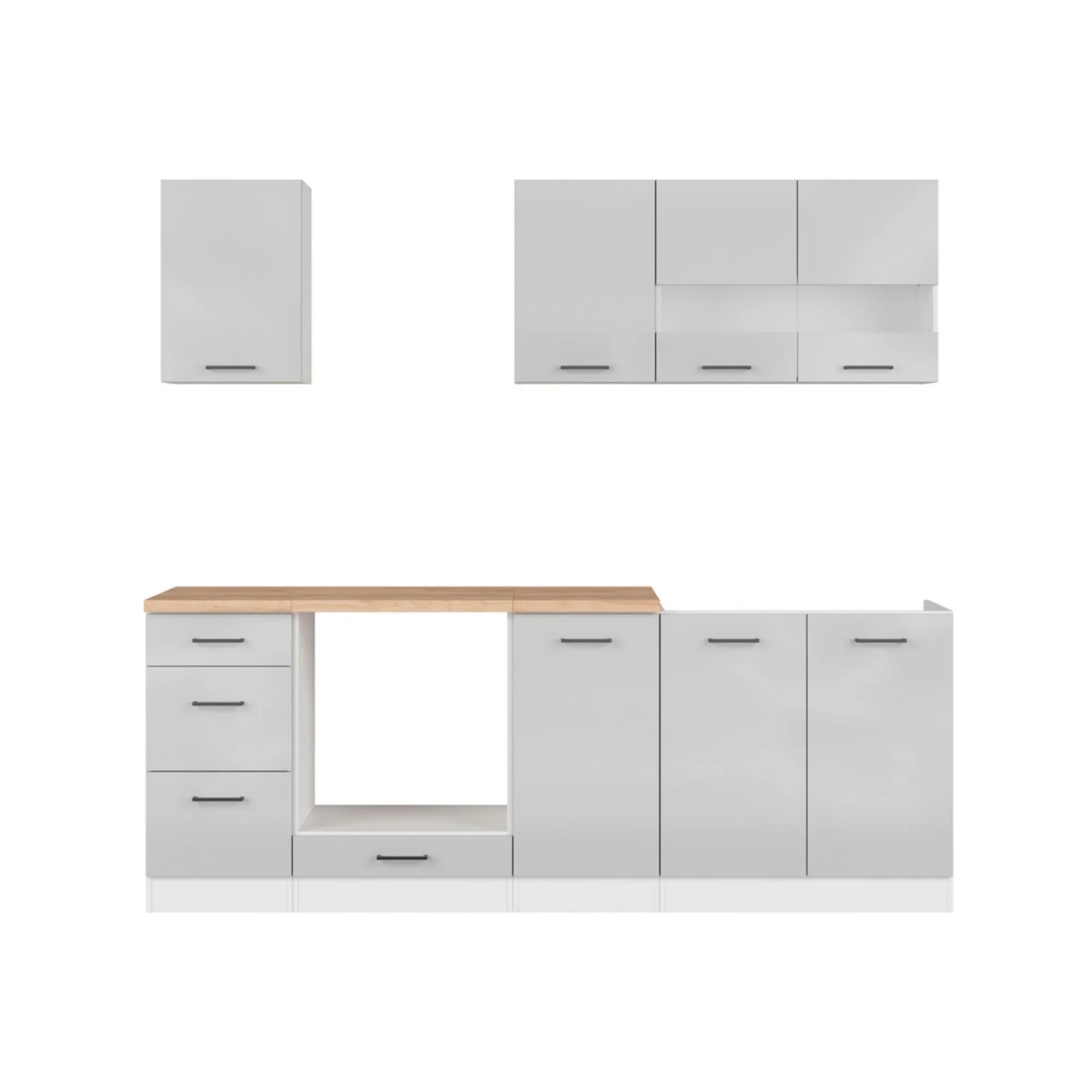 Set bucatarie JUNONA LINE, gri deschis/alb, PAL, 220 cm, cu blat stejar artisan - Image 3
