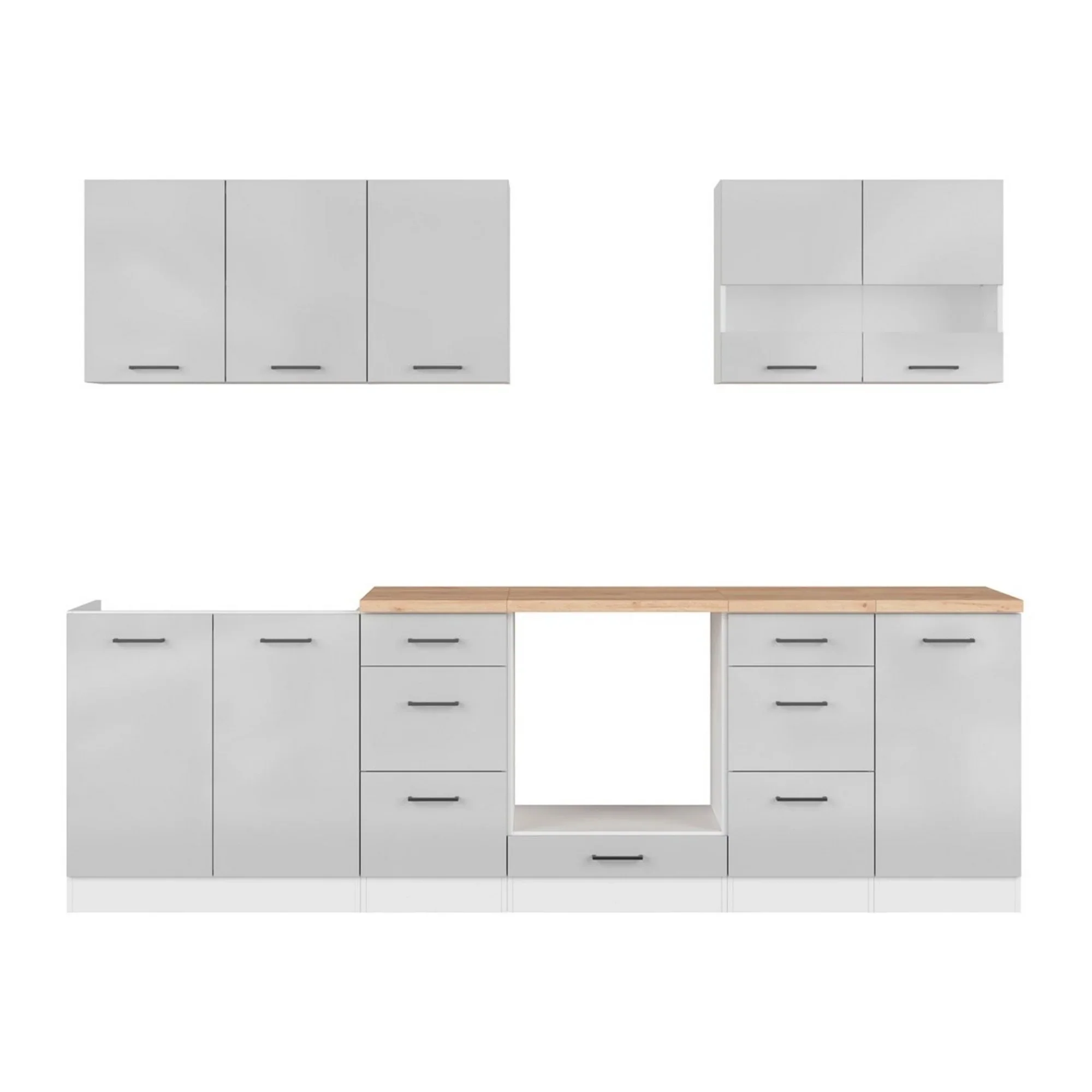 Set bucatarie JUNONA LINE, gri deschis/alb, PAL, 260 cm, cu blat stejar - Image 3