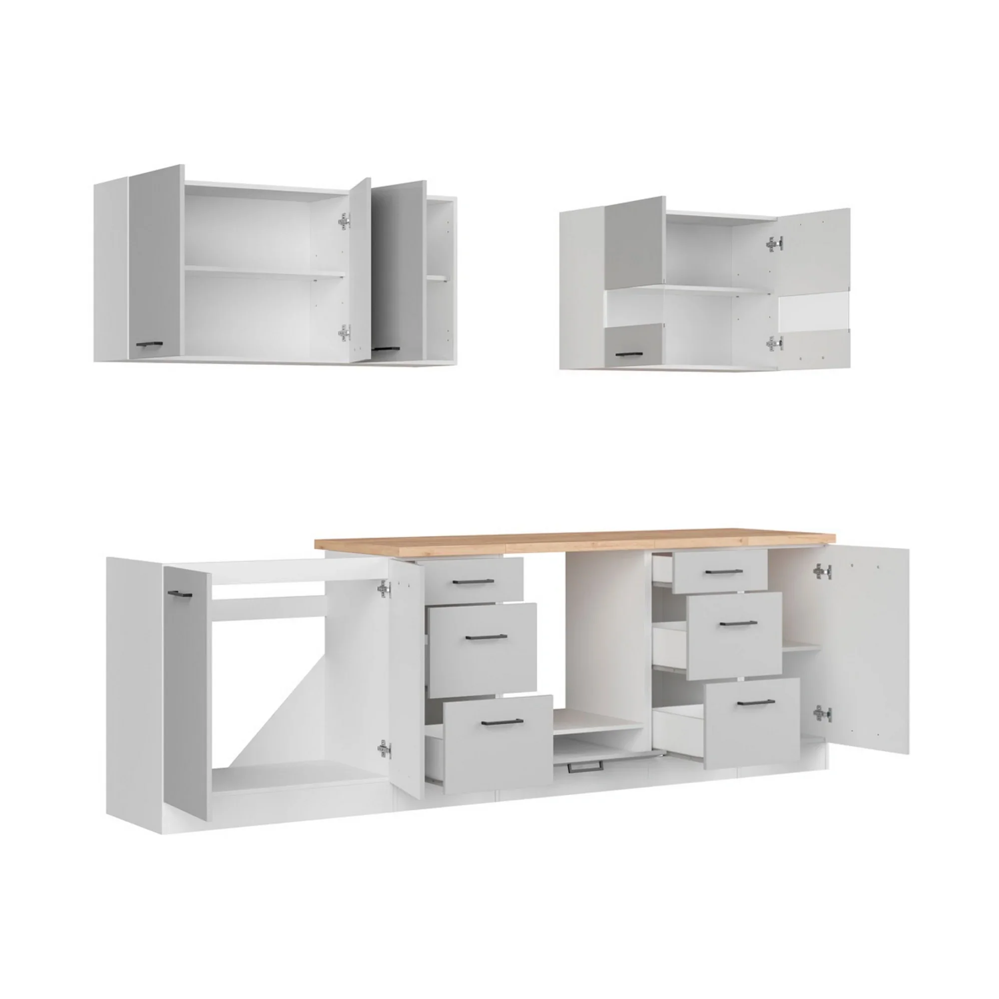 Set bucatarie JUNONA LINE, gri deschis/alb, PAL, 260 cm, cu blat stejar - Image 4