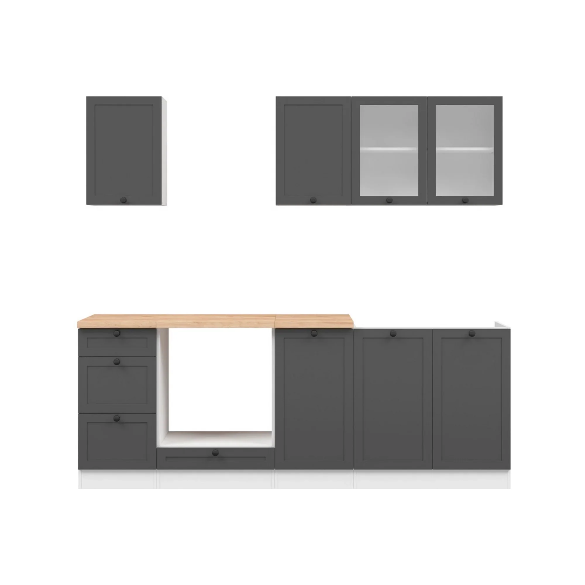 Set bucatarie JUNONA LINE, gri grafit/alb, PAL, 220 cm, cu blat stejar artisan - Image 3