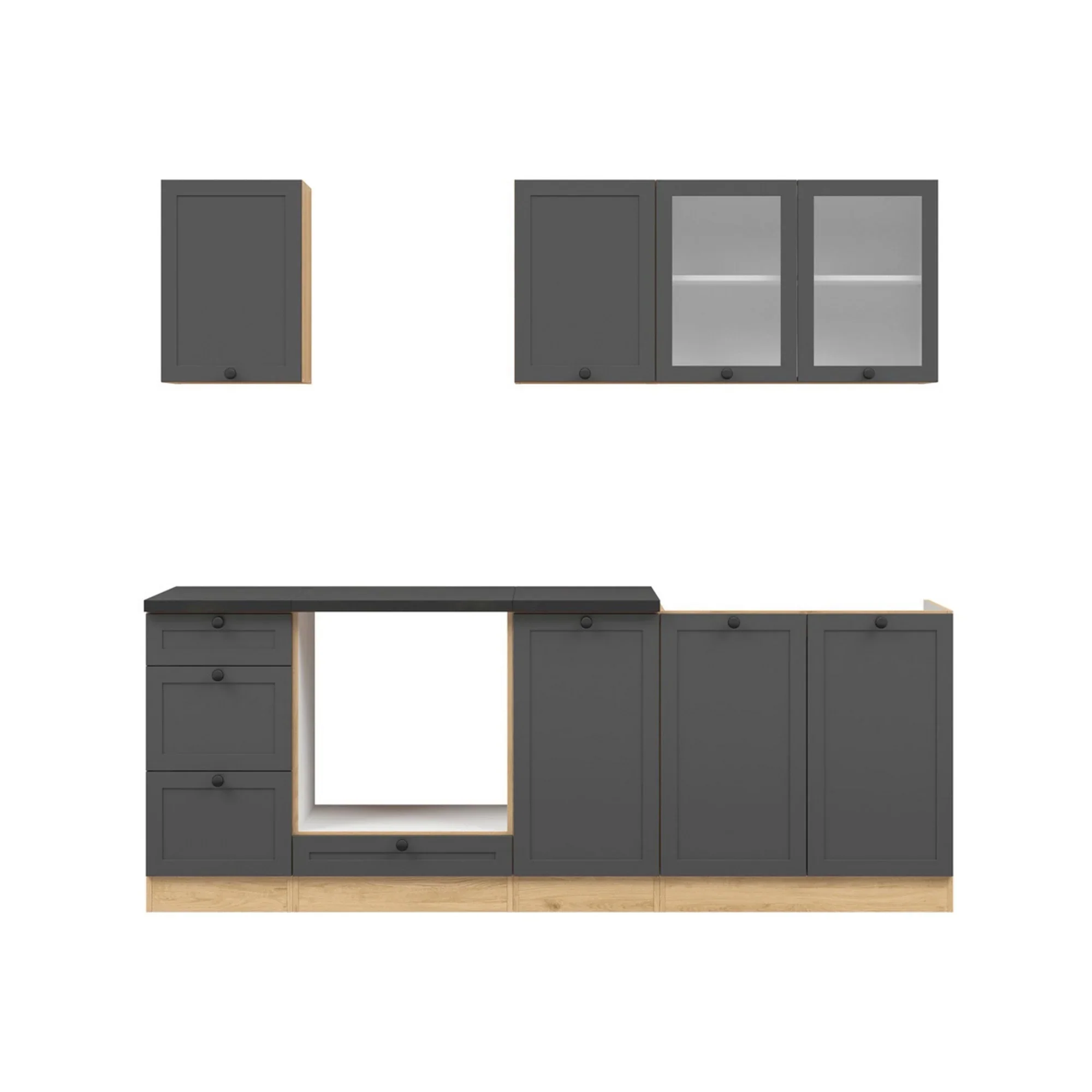 Set bucatarie JUNONA LINE, gri grafit/stejar, PAL, 220 cm, cu blat negru - Image 3