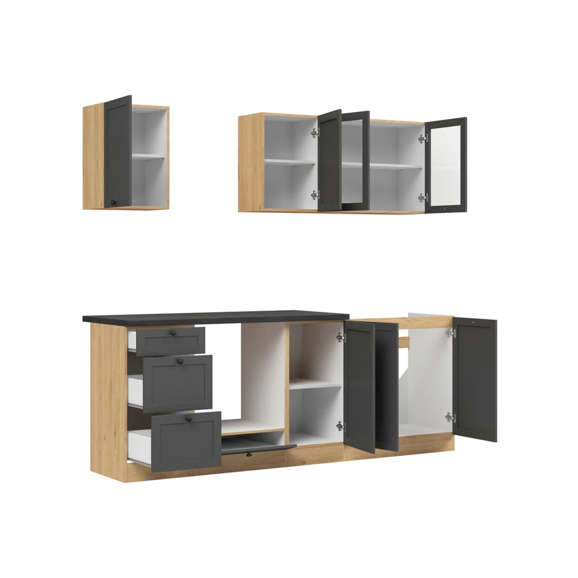 Set bucatarie JUNONA LINE, gri grafit/stejar, PAL, 220 cm, cu blat negru - Image 4