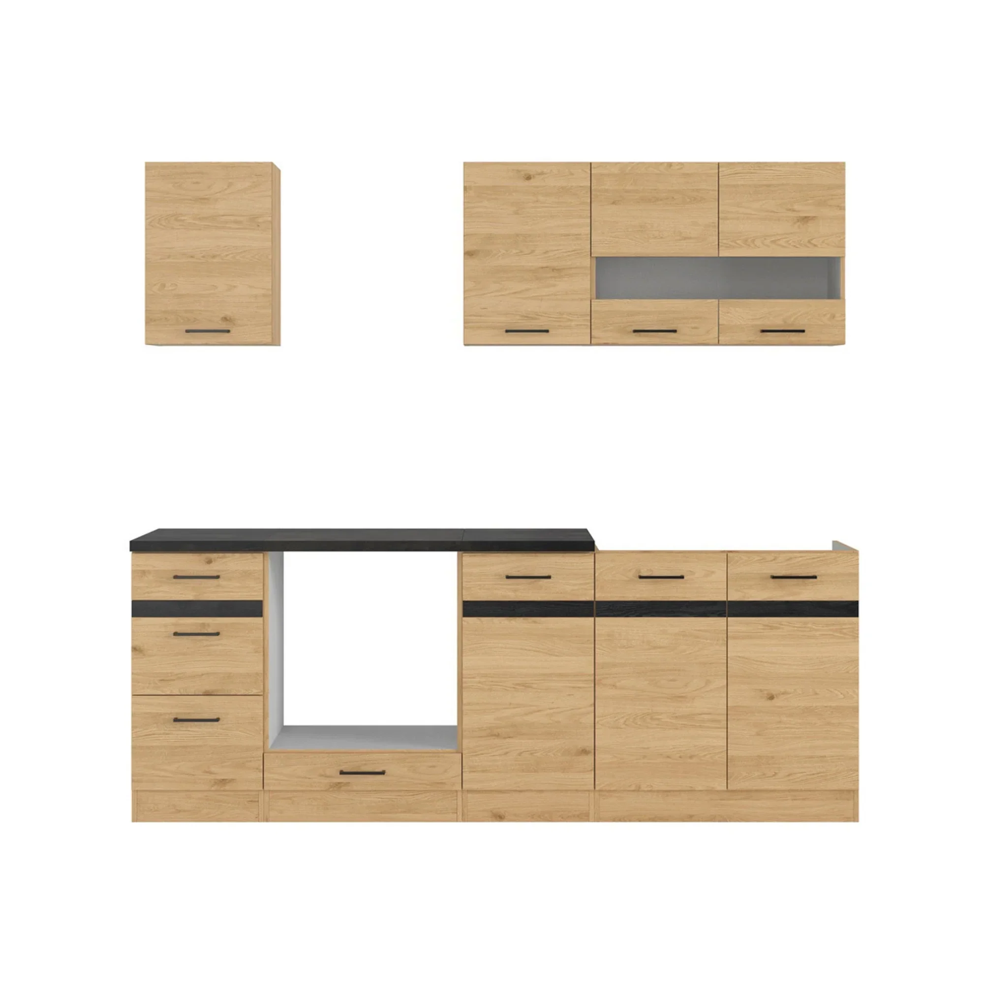 Set bucatarie JUNONA LINE, stejar, PAL, 220 cm, cu blat negru - Image 3